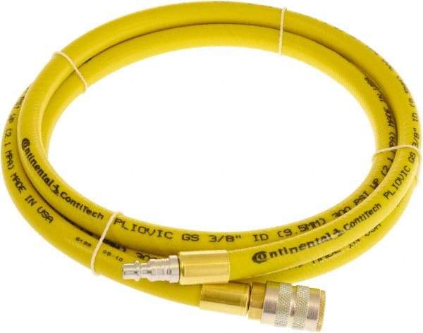 Continental ContiTech - 3/8" ID x 0.6" OD 3' Long Multipurpose Air Hose - Industrial Interchange Safety Coupler x Male Plug Ends, 300 Working psi, -10 to 158°F, 1/4" Fitting, Yellow - Makers Industrial Supply