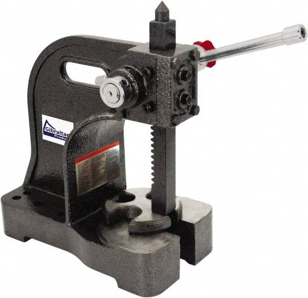 Gibraltar - 1-1/2" Ram, 5-1/4" Throat Depth, 3 Ton Manual Arbor Press - 12-1/2" Max Work Height x 16-1/2" Max Work Width, Single Leverage, 20:1 Leverage Ratio, 8-1/2" Base Width x 10" Base Depth - Makers Industrial Supply