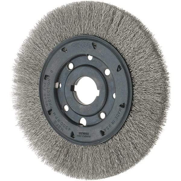 Osborn - 8" OD, 1-1/4" Arbor Hole, Crimped Stainless Steel Wheel Brush - 3/4" Face Width, 1-1/2" Trim Length, 0.01" Filament Diam, 4,500 RPM - Makers Industrial Supply