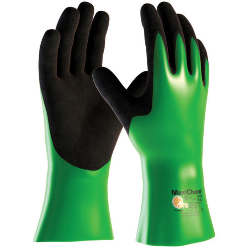 ‎56-630/XXL Coated Supported Gloves - MaxiChem - Nylon/Lycra Liner - Green/ Black Nitrile Blnd - Full Coat - 12 In. - Exact Industrial Supply