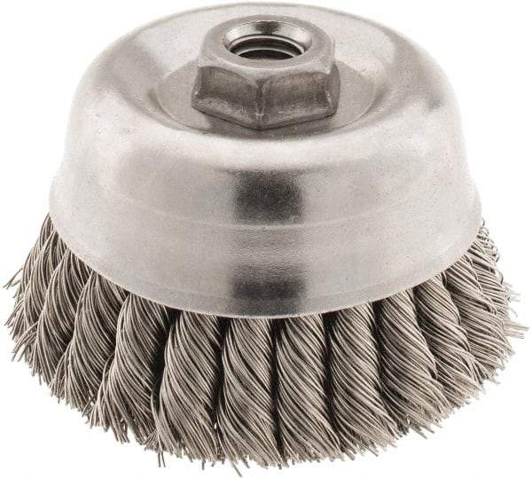 Osborn - 4" Diam, 5/8-11 Threaded Arbor, Stainless Steel Fill Cup Brush - 0.02 Wire Diam, 1-1/4" Trim Length, 6,000 Max RPM - Makers Industrial Supply