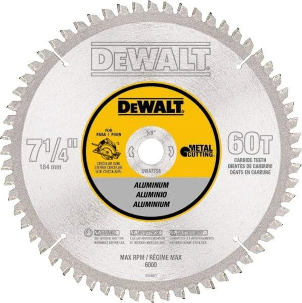 DeWALT - 7-1/4" Diam, 5/8" Arbor Hole Diam, 60 Tooth Wet & Dry Cut Saw Blade - High Speed Steel, Crosscut Action, Standard Round Arbor - Makers Industrial Supply