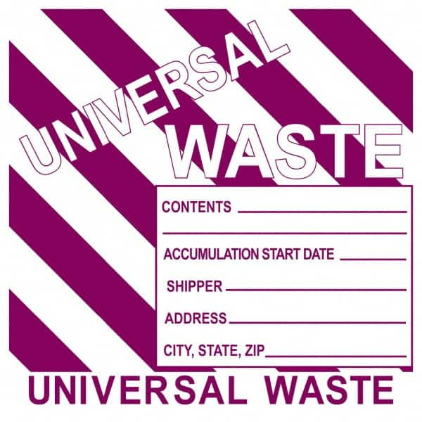 NMC - Universal Label - Legend: Universal Waste Contents______ Accumulation Start Date_____ Shipper_____ Address____ City, State, Zip____, English, Purple, 6" Long x 6" High, Sign Muscle Finish - Makers Industrial Supply