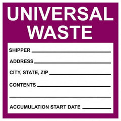 NMC - Universal Label - Legend: Universal Waste - Shipper__________ Address____ City,State,Zip____ Contents________ Accumulation Start Date ______, English, Purple & Black, 6" Long x 6" High, Sign Muscle Finish - Makers Industrial Supply