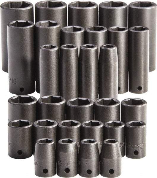 Proto - 30 Piece 1/2" Drive Full Polish Finish Impact Socket Set - 6 Points, 1-1/4" to 1-1/4" (10mm to 24mm) Range, Inch/Metric Measurement Standard - Makers Industrial Supply