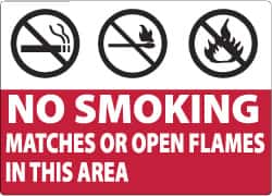 NMC - "No Smoking Matches or Open Flames in This Area", 10" Long x 14" Wide, Aluminum Safety Sign - Rectangle, 0.04" Thick, Use for Smoking Regulations - Makers Industrial Supply