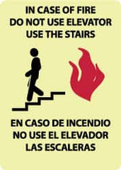 NMC - In Case of Fire - Do Not Use Elevator - Use the Stairs, Pressure Sensitive Vinyl Fire and Exit Sign - 10" Wide x 14" High, English/Spanish, Glow-in-the-Dark - Makers Industrial Supply