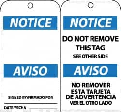 NMC - 3" High x 6" Long, Notice, English Safety & Facility Lockout Tag - Tag Header: Notice, 2 Sides, Black, White & Blue Unrippable Vinyl - Makers Industrial Supply