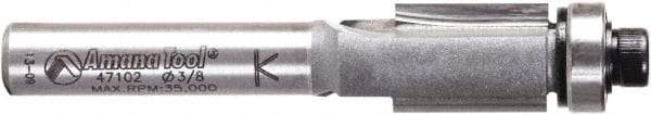 Amana Tool - 3/8" Cut Diam, 1/2" Length of Cut, 2 Flute Flush Trim Edge Profile Router Bit - Carbide-Tipped, 1/4" Shank Diam, 2-1/8" OAL, Uncoated - Makers Industrial Supply