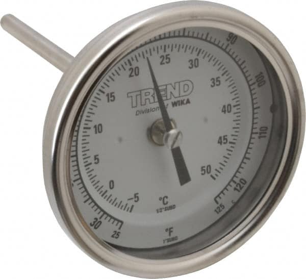 Wika - 4 Inch Long Stem, 3 Inch Dial Diameter, Stainless Steel, Back Connected Bi-Metal Thermometer - -5 to 50°C, 1% Accuracy - Makers Industrial Supply