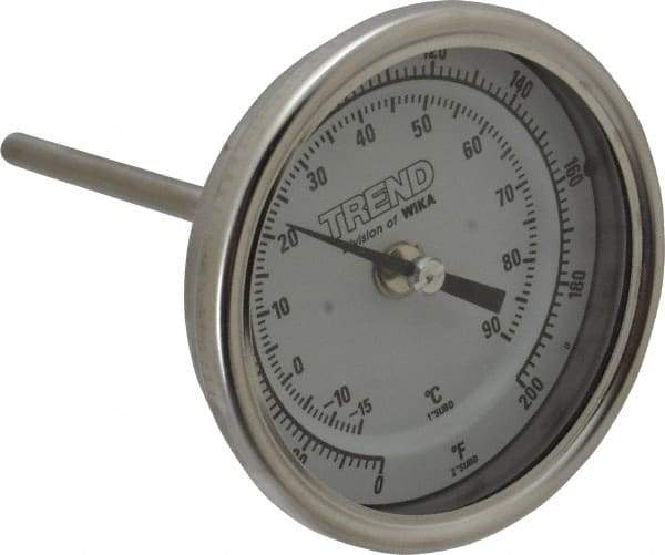 Wika - 4 Inch Long Stem, 3 Inch Dial Diameter, Stainless Steel, Back Connected Bi-Metal Thermometer - -15 to 90°C, 1% Accuracy - Makers Industrial Supply