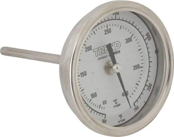 Wika - 4 Inch Long Stem, 3 Inch Dial Diameter, Stainless Steel, Back Connected Bi-Metal Thermometer - 65 to 400°C, 1% Accuracy - Makers Industrial Supply