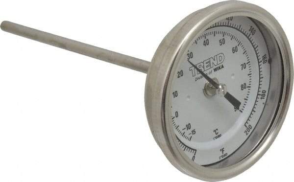 Wika - 6 Inch Long Stem, 3 Inch Dial Diameter, Stainless Steel, Back Connected Bi-Metal Thermometer - -15 to 90°C, 1% Accuracy - Makers Industrial Supply