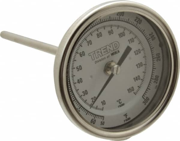 Wika - 6 Inch Long Stem, 3 Inch Dial Diameter, Stainless Steel, Back Connected Bi-Metal Thermometer - 10 to 150°C, 1% Accuracy - Makers Industrial Supply