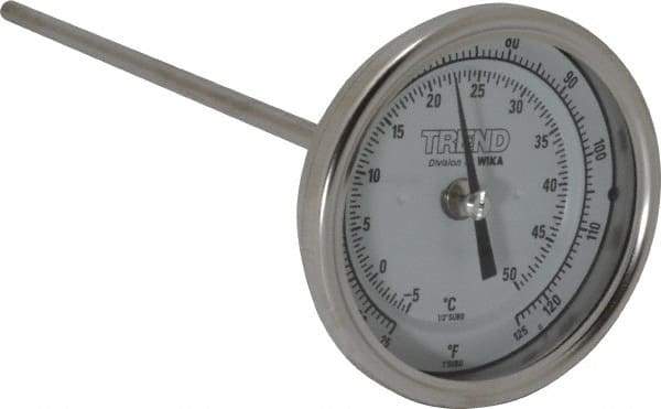 Wika - 9 Inch Long Stem, 3 Inch Dial Diameter, Stainless Steel, Back Connected Bi-Metal Thermometer - -5 to 50°C, 1% Accuracy - Makers Industrial Supply