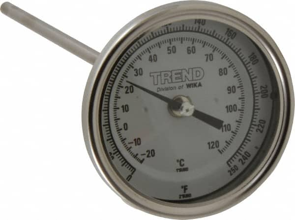 Wika - 9 Inch Long Stem, 3 Inch Dial Diameter, Stainless Steel, Back Connected Bi-Metal Thermometer - -20 to 120°C, 1% Accuracy - Makers Industrial Supply