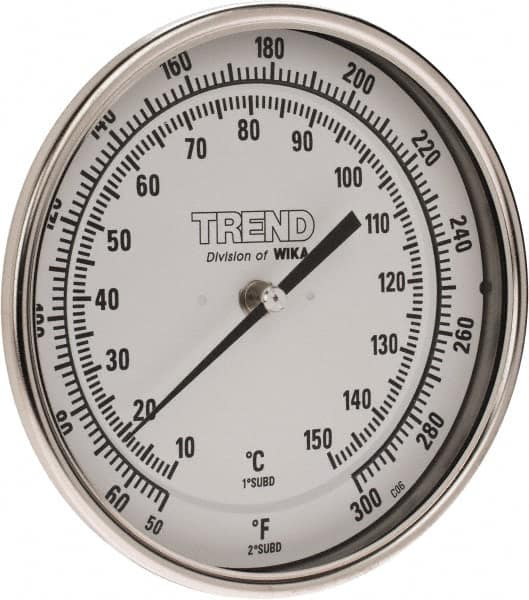 Wika - 6 Inch Long Stem, 5 Inch Dial Diameter, Stainless Steel, Back Connected Bi-Metal Thermometer - 10 to 150°C, 1% Accuracy - Makers Industrial Supply