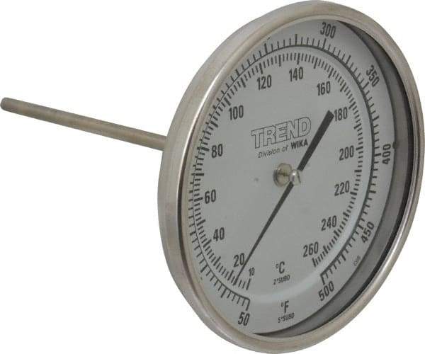 Wika - 6 Inch Long Stem, 5 Inch Dial Diameter, Stainless Steel, Back Connected Bi-Metal Thermometer - 10 to 260°C, 1% Accuracy - Makers Industrial Supply