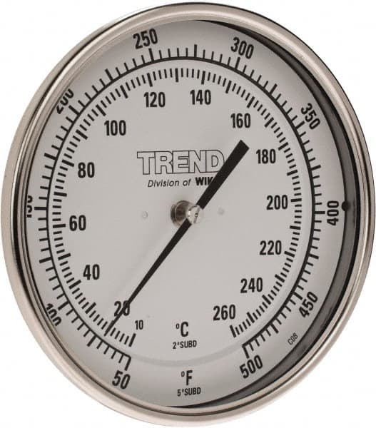 Wika - 9 Inch Long Stem, 5 Inch Dial Diameter, Stainless Steel, Back Connected Bi-Metal Thermometer - 10 to 260°C, 1% Accuracy - Makers Industrial Supply