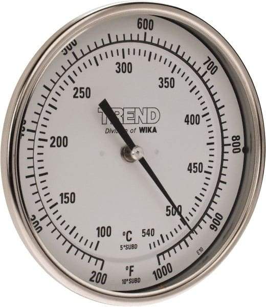 Wika - 9 Inch Long Stem, 5 Inch Dial Diameter, Stainless Steel, Back Connected Bi-Metal Thermometer - 100 to 540°C, 1% Accuracy - Makers Industrial Supply