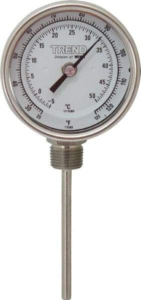 Wika - 4 Inch Long Stem, 3 Inch Dial Diameter, Stainless Steel, Bottom Connected Bi-Metal Thermometer - -5 to 50°C, 1% Accuracy - Makers Industrial Supply