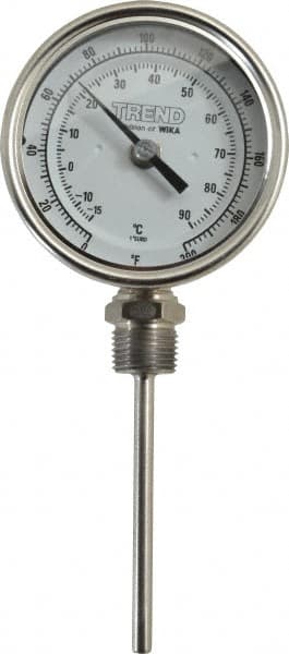 Wika - 4 Inch Long Stem, 3 Inch Dial Diameter, Stainless Steel, Bottom Connected Bi-Metal Thermometer - -15 to 90°C, 1% Accuracy - Makers Industrial Supply