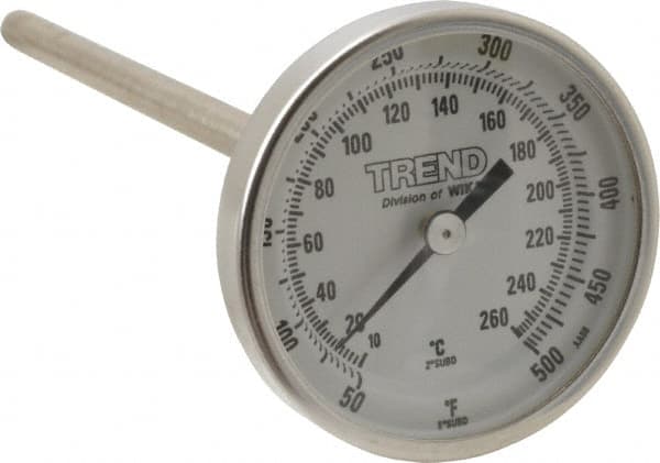 Wika - 6 Inch Long Stem, 2 Inch Dial Diameter, Stainless Steel, Back Connected Bi-Metal Thermometer - 10 to 260°C, 1% Accuracy - Makers Industrial Supply