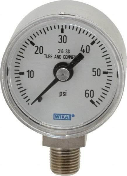 Wika - 1-1/2" Dial, 1/8 Thread, 0-60 Scale Range, Pressure Gauge - Lower Connection Mount, Accurate to 2.5% of Scale - Makers Industrial Supply