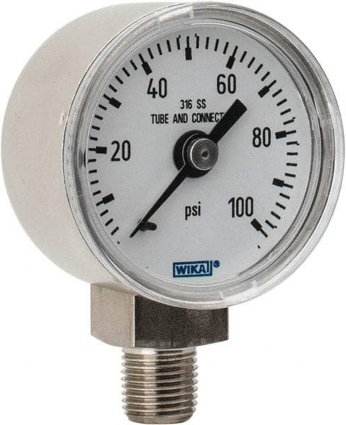 Wika - 1-1/2" Dial, 1/8 Thread, 0-100 Scale Range, Pressure Gauge - Lower Connection Mount, Accurate to 2.5% of Scale - Makers Industrial Supply