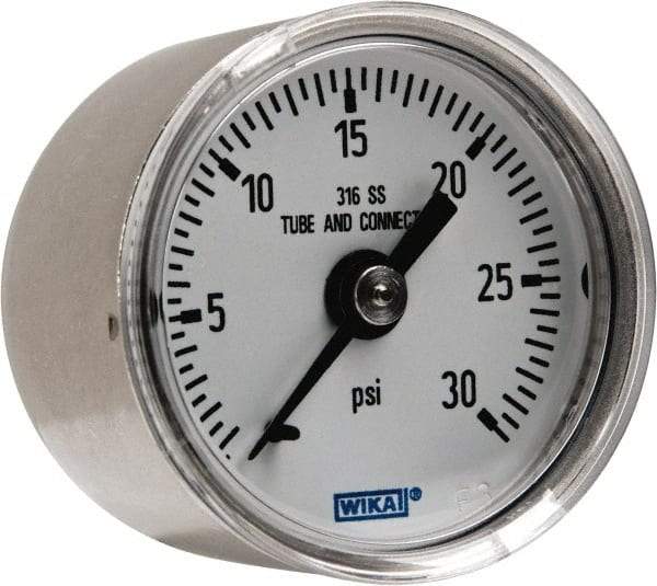 Wika - 1-1/2" Dial, 1/8 Thread, 0-30 Scale Range, Pressure Gauge - Center Back Connection Mount, Accurate to 2.5% of Scale - Makers Industrial Supply