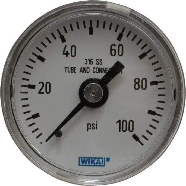 Wika - 1-1/2" Dial, 1/8 Thread, 0-100 Scale Range, Pressure Gauge - Center Back Connection Mount, Accurate to 2.5% of Scale - Makers Industrial Supply