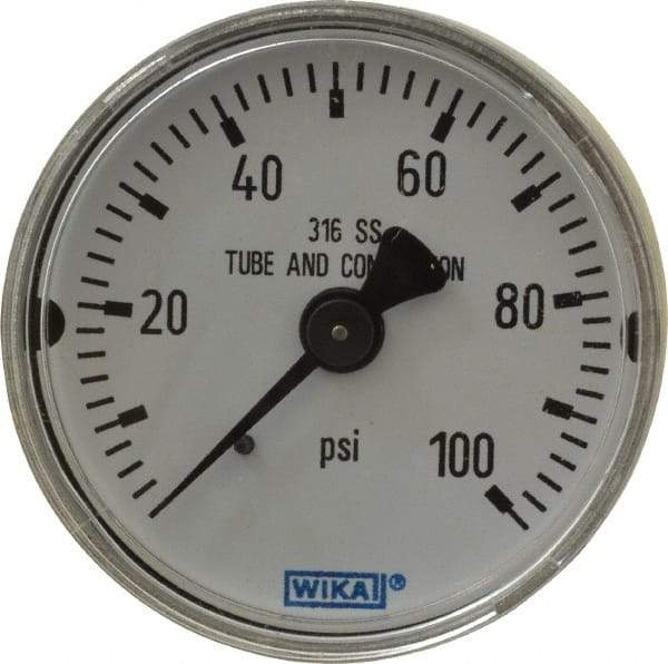 Wika - 2" Dial, 1/4 Thread, 0-100 Scale Range, Pressure Gauge - Center Back Connection Mount, Accurate to 2.5% of Scale - Makers Industrial Supply