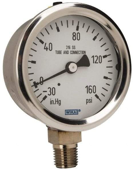 Wika - 2-1/2" Dial, 1/4 Thread, 30-0-160 Scale Range, Pressure Gauge - Lower Connection Mount, Accurate to 1.5% of Scale - Makers Industrial Supply