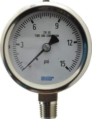 Wika - 2-1/2" Dial, 1/4 Thread, 0-15 Scale Range, Pressure Gauge - Lower Connection Mount, Accurate to 1.5% of Scale - Makers Industrial Supply