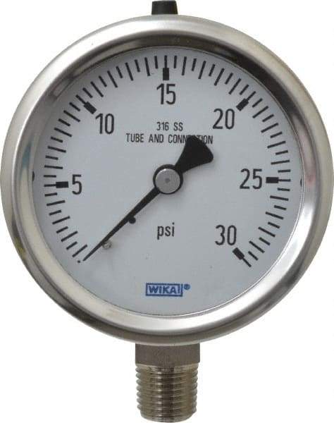 Wika - 2-1/2" Dial, 1/4 Thread, 0-30 Scale Range, Pressure Gauge - Lower Connection Mount, Accurate to 1.5% of Scale - Makers Industrial Supply