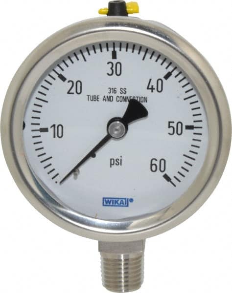 Wika - 2-1/2" Dial, 1/4 Thread, 0-60 Scale Range, Pressure Gauge - Lower Connection Mount, Accurate to 1.5% of Scale - Makers Industrial Supply