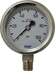 Wika - 2-1/2" Dial, 1/4 Thread, 0-100 Scale Range, Pressure Gauge - Lower Connection Mount, Accurate to 1.5% of Scale - Makers Industrial Supply