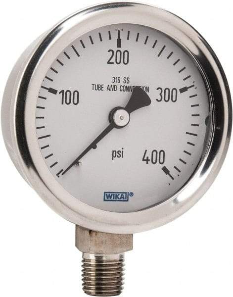 Wika - 2-1/2" Dial, 1/4 Thread, 0-400 Scale Range, Pressure Gauge - Lower Connection Mount, Accurate to 1.5% of Scale - Makers Industrial Supply