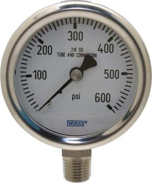 Wika - 2-1/2" Dial, 1/4 Thread, 0-600 Scale Range, Pressure Gauge - Lower Connection Mount, Accurate to 1.5% of Scale - Makers Industrial Supply