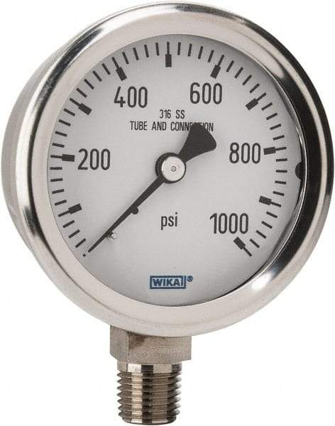 Wika - 2-1/2" Dial, 1/4 Thread, 0-1,000 Scale Range, Pressure Gauge - Lower Connection Mount, Accurate to 1.5% of Scale - Makers Industrial Supply