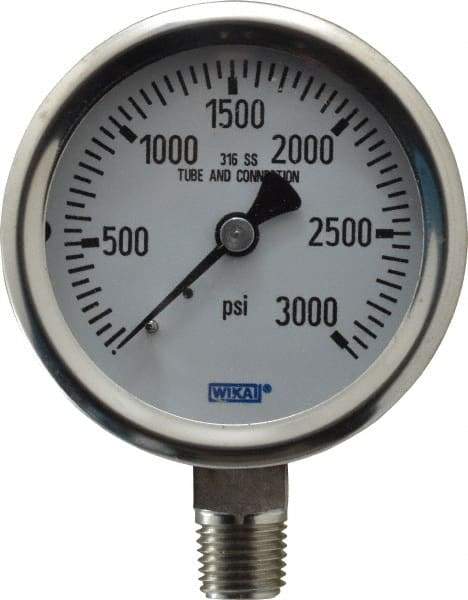 Wika - 2-1/2" Dial, 1/4 Thread, 0-3,000 Scale Range, Pressure Gauge - Lower Connection Mount, Accurate to 1.5% of Scale - Makers Industrial Supply