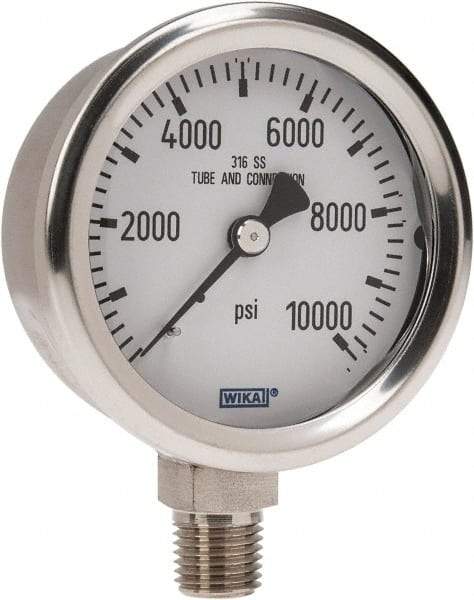 Wika - 2-1/2" Dial, 1/4 Thread, 0-10,000 Scale Range, Pressure Gauge - Lower Connection Mount, Accurate to 1.5% of Scale - Makers Industrial Supply