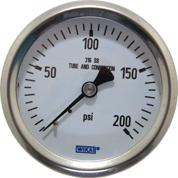 Wika - 2-1/2" Dial, 1/4 Thread, 0-200 Scale Range, Pressure Gauge - Center Back Connection Mount, Accurate to 1.5% of Scale - Makers Industrial Supply