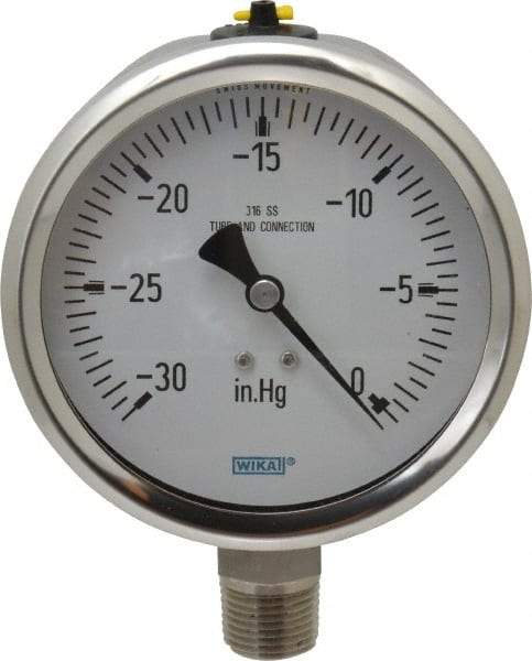 Wika - 4" Dial, 1/2 Thread, 30-0 Scale Range, Pressure Gauge - Lower Connection Mount, Accurate to 1% of Scale - Makers Industrial Supply