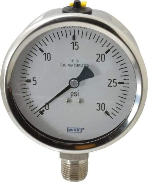 Wika - 4" Dial, 1/2 Thread, 0-30 Scale Range, Pressure Gauge - Lower Connection Mount, Accurate to 1% of Scale - Makers Industrial Supply