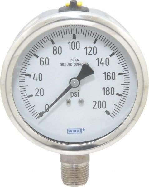 Wika - 4" Dial, 1/2 Thread, 0-200 Scale Range, Pressure Gauge - Lower Connection Mount, Accurate to 1% of Scale - Makers Industrial Supply