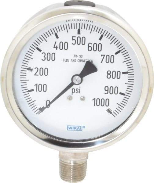 Wika - 4" Dial, 1/2 Thread, 0-1,000 Scale Range, Pressure Gauge - Lower Connection Mount, Accurate to 1% of Scale - Makers Industrial Supply