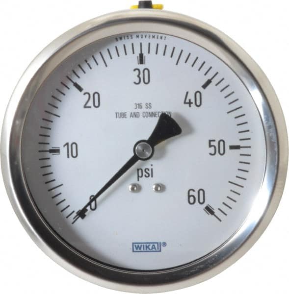 Wika - 4" Dial, 1/2 Thread, 0-60 Scale Range, Pressure Gauge - Lower Back Connection Mount, Accurate to 1% of Scale - Makers Industrial Supply