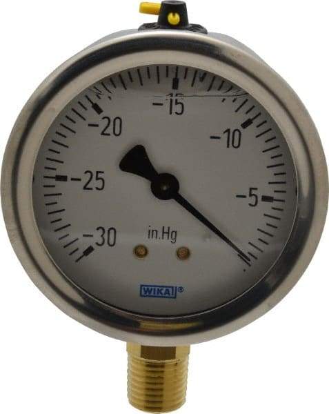 Wika - 2-1/2" Dial, 1/4 Thread, 30-0 Scale Range, Pressure Gauge - Lower Connection Mount, Accurate to 1.5% of Scale - Makers Industrial Supply