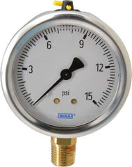 Wika - 2-1/2" Dial, 1/4 Thread, 0-15 Scale Range, Pressure Gauge - Lower Connection Mount, Accurate to 1.5% of Scale - Makers Industrial Supply